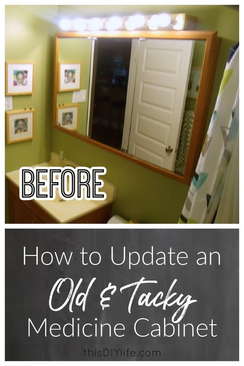 Builder basic to beautiful: our medicine cabinet makeover DIY. We took an old dated medicine cabinet and added classic modern elements to make it fresh and attractive. Here is how to update a medicine cabinet without replacing it! Medicine Cabinet Redo, Large Medicine Cabinet, Bathroom Medicine Cabinet Mirror, Medicine Cabinet Makeover, Vogue Decor, Old Medicine Cabinets, Bathroom Cabinet Makeover, Cabinet Makeover Diy, Bathroom Recessed Lighting