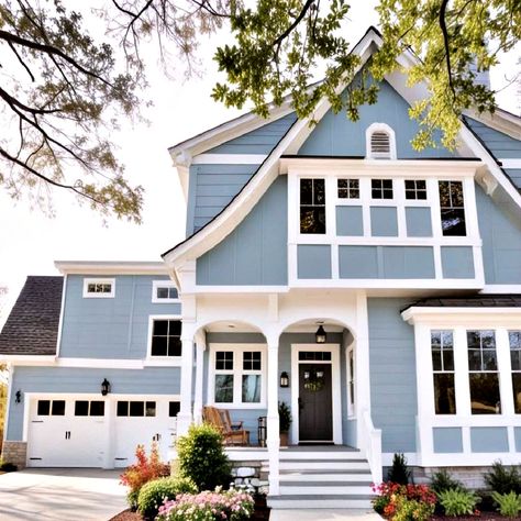 40 Modern Grey House Exterior Color Schemes and Ideas Pewter Exterior House Colors, Light Blue Stucco House Exterior, Modern Grey House Exterior, Light Blue House Exterior, Blue House White Trim, Grey House Exterior, House Exterior Colors Blue, Blue Exterior House Colors, Light Blue Houses