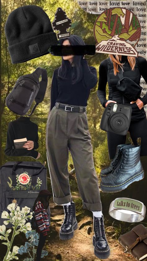 Pacific Northwest Gothic Outfits, Grunge Camping Outfits, Granola Punk Aesthetic, Goth Camping Outfit, Eco Goth Fashion, Goth Granola Aesthetic, Goth Grandma Aesthetic, Dark Granola Outfits, Alt Granola Outfits