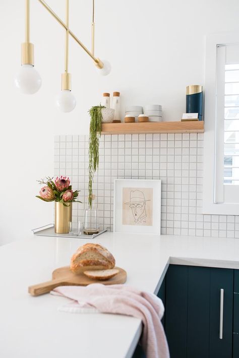 Renovated Backyard, White Tile Splashback, Square Tile Backsplash, White Square Tiles, White Tile Kitchen Backsplash, Retreat Home, Small White Kitchens, Kitchen Splashback Tiles, Tile Splashback