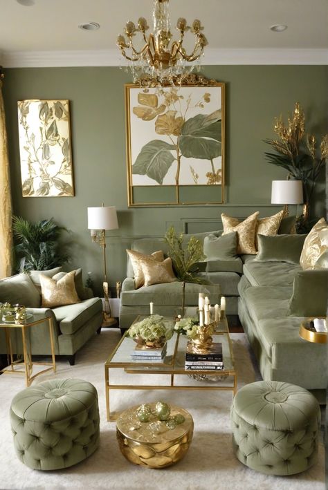 What is the Majesty of Sage Green and Gold Living Room Extravaganza? Behold the Magic [2024] #Ad #homedecor #homedesign #fixhome #Painthome #interiorarchitecture Living Room Golden Decor, Green And Rose Gold Living Room, Gold And Sage Green Aesthetic, Jade Green And Cream Living Room, Luxurious Green Living Room, Green And White Decor Living Room, Green And Gold Lounge Ideas, Sage Green And Gold House Decor, Living Room Decor Olive Green