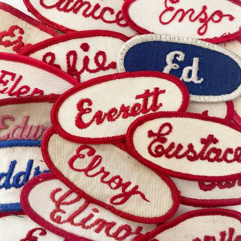 "I recently came across a huge lot of these wonderful vintage embroidered sew-on uniform name patches from a defunct old uniform supply shop. These patches have all been used, but are still in very good vintage condition.  I've listed a few \"E\" names here, but I have other names available. These are typical of the kind of old-fashioned names that I have in this bunch. If you don't see the name you want, or the one you want is sold out, feel free to message me and I'll see if I can fill your re Vintage Name Patch, Vintage Logos Aesthetic, Vintage Store Branding, Old Money Design, Retro Patches, E Names, Logo Design Vintage Retro, Old Fashioned Names, Name Tag Design