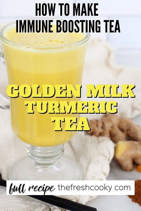 Golden Milk or turmeric tea recipe from The Fresh Cooky. Find the benefits and how to make this delicious, soothing, healthy, immune boosting, relaxing turmeric tea. #benefitsofturmeric #howtomakegoldenmilk Immunity Recipes, Turmeric And Ginger Tea, Immune Boosting Tea, Golden Milk Benefits, Ginger Tea Benefits, Curcumin Benefits, Turmeric Tea Recipe, Turmeric And Ginger, Caffeine Free Tea