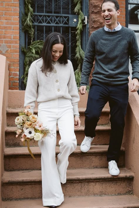 Courthouse Wedding Jeans, Long Sleeve City Hall Wedding Dress, Casual Fall Bride Outfit, Unique Civil Wedding Outfit, Casual City Hall Wedding Outfit, Civil Marriage Outfit Casual, Winter Wedding Outfit Bride, Town Hall Wedding Outfit, Elopement Looks Brides