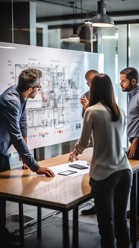 Team Analyzing Blueprint: Three professionals engaged in a detailed review of architectural blueprints in a modern office setting. #meeting #blueprint #professionals #office #architecture #discussion #teamwork #planning #aiart #aiphoto #stockcake https://ayr.app/l/dkFZ Architecture Project Board, Team Work Images, Office Pictures Professional, Engineer Office, Meeting Photography, Architecture Job, Architectural Engineer, Coach Office, Engineering Office