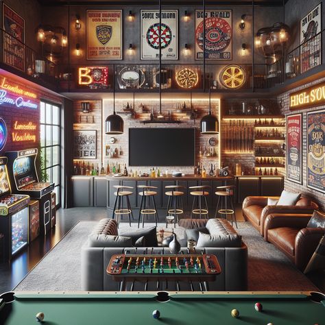 This ultimate man cave features a comfy center lounge area with a large TV, a neon-lit bar, a pool table, a dart board, a foosball table, and a jukebox. Also includes arcade games, a mini fridge, and memorabilia display cases. #mancave #homedesign #interiordecor #gameroom #homedecor #entertainmentroom. Garage Arcade, Memorabilia Display Ideas, Bonus Room Man Cave, Sala Game, Game Room House, Basement Gameroom, Unique Man Cave Ideas, Garage Bars, Man Cave Designs