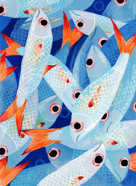 The thing about piles of fish is that they don't smell great, unless they're in painting form like this one. An exploration of light and color through the medium of fish (and also gouache). High-quality, archival giclee fine art print of an original gouache painting! Arte Inspo, Art Et Illustration, Fish Painting, Colorful Fish, Fish Print, Art And Illustration, Creative Drawing, Fish Art, Childrens Illustrations