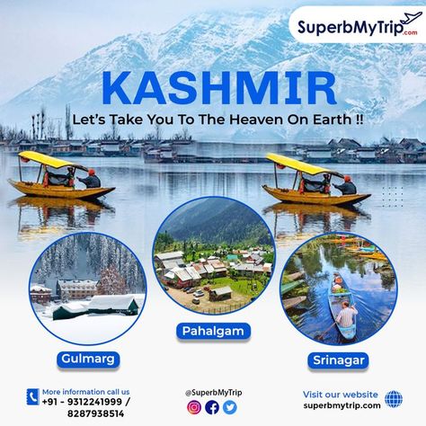 ☛ The Benefits of the Kashmir Tour Package are: ✅ Air Tickets ✅ Hotel Bookings ✅ Sightseeing ✅ Transportation ✅ Meals ☛ The Reasons to Visit Kashmir: ✅ Gorgeously Adventurous Trekking Points ✅ The Breathtaking Landscapes ✅ The Mesmerizing Pristine Lakes ✅ The Wonderful Climate ✅ Kashmiri Cuisines ✅ Art & Heritage ✅ Handicrafts ✅ History Kashmir is the heaven on earth that amaze people with its phenomenal greenery & nature. 🌐 superbmytrip.com 📱 8287938514, 9871220731 Kashmir Tour Packages, Tour Packages Design, India Tourist Places, Travel Advertising Design, Kashmir Tourism, India Tourist, Kashmir Tour, Travel Creative, Travel Advertising