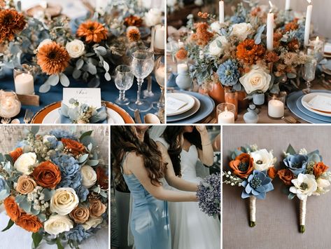 Rust And Light Blue Wedding, Dusty Blue And Burnt Orange, Blue And Burnt Orange Wedding, Cream Wedding Colors, Winter Date Ideas, Burnt Orange Wedding, Orange Wedding Colors, Wedding Mint Green, Wedding Color Ideas