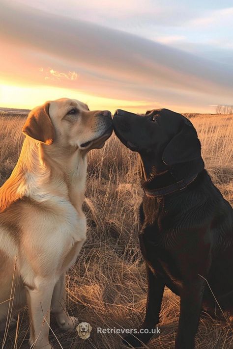 As the sun kisses the horizon, these two Labradors share a tender moment that melts our hearts. 💕 It's a Labrador love story set against a stunning sunset — one black, one blonde, both beautiful. Perfect for fans of #LabradorRetriever, #DogLove, and #SunsetScenes. Capture the essence of canine companionship and the beauty of nature all in one frame. 🌄🐕‍🦺 #LabLovers #GoldenHourDogs #PuppyLove #TwilightPaws Chocolate Lab And Golden Retriever, Lab Pitbull Mix Puppy, Pitbull Mix Puppies, Black Labrador Puppy, Labrador Noir, Yellow Lab Puppies, Brown Labrador, Golden Labrador, Stunning Sunset