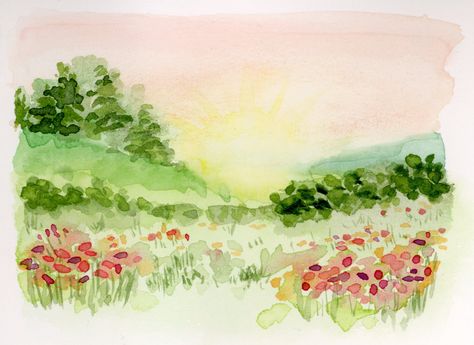 Field Of Flowers Watercolor Painting, Garden Painting Watercolor, Spring Landscape Watercolor Painting, Flower Meadow Watercolor, Quick Watercolor Landscape, Watercolor Hills Landscapes, Wildflower Field Watercolor, Green Landscape Watercolor, Watercolor Meadow Landscape