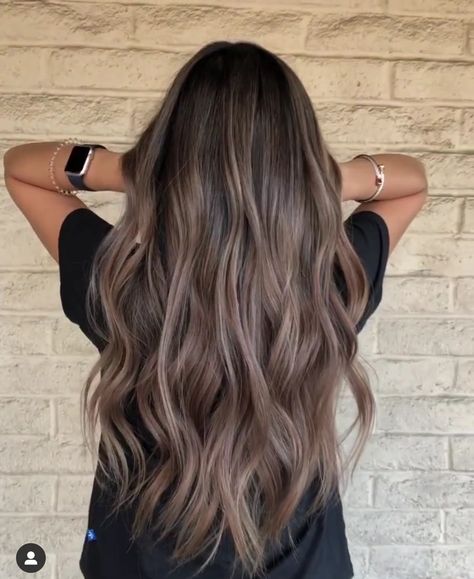 Full Head Lowlights Brunette, Smoky Beige Balayage, Ashy Brown With Dimension, Fall Hair For Brown Hair, Balayage Hair Mushroom Brown, Ash Brown Hair Cool Tone, Ashy Balayage On Brown Hair, Mushroom Brown Balayage Hair, Cold Brunette Balayage