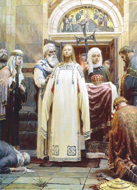 Sergei Kirillov. The Baptism of Grand Princess St Olga. Part 1 of the Triptych ‘Holy Rus’. 1993 | Voices from Russia Olga Of Kiev, Art Sacre, Russian History, Viking Warrior, Viking Age, Warrior Princess, Russian Art, Dark Ages, Kiev