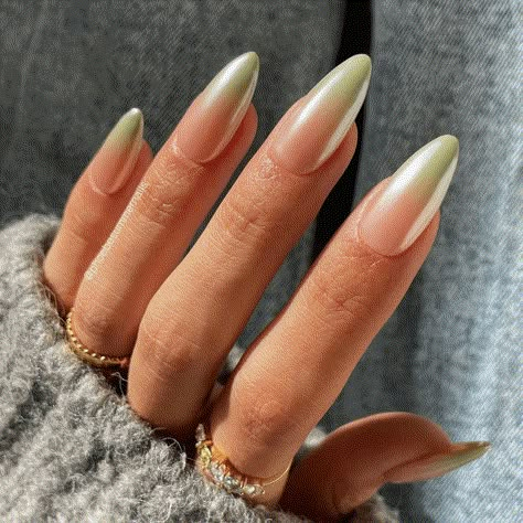 Green Ombre French Nails, Green French Ombre Nails, April Nail Inspo 2024, Nails April 2024, Pale Green Nail Designs, White Nails With Green Designs, European Nails Trends, Matte Chrome Nails, Ombre Nails Green