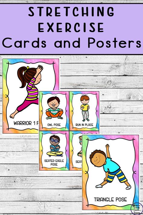 These stretching exercise cards are a fun way to get kids moving. Use them during holidays, as brain breaks or just as fun activities as part of games. Preschool Stretching Exercises, Preschool Fitness Theme, Exercise Lesson Plans For Preschool, Prek Exercise Activities, Preschool Transition Games, Exercise For Preschoolers, Exercise Cards For Kids, Preschool Exercise Crafts, Exercise Unit For Preschool