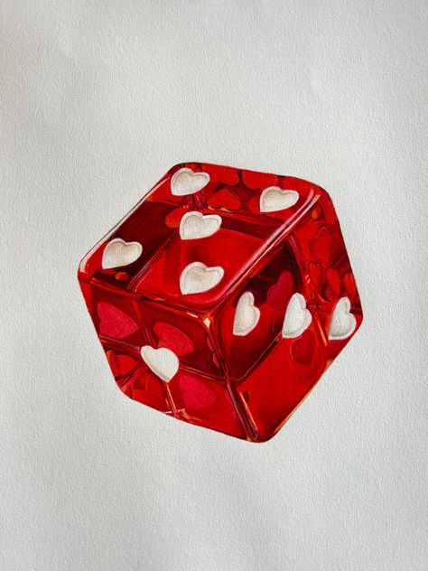 Coloured pencil drawing of a red dice with heart dots, hyperrealism photorealistic art Drawing With Red Pencil, Things That Are Red, Dice With Hearts, Red Cutouts, Red Drawing Ideas, Red Mood Board, Heart Drawing Aesthetic, Photorealistic Art, Dice Aesthetic