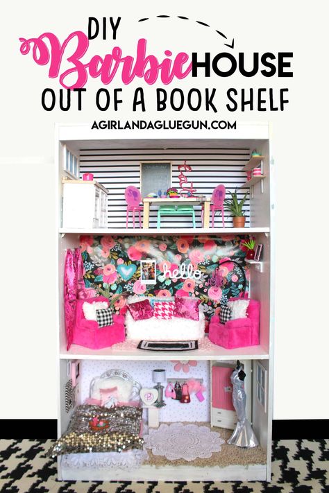 Build A Barbie House, Dollhouse Bookshelf Diy, Barbie Collection Display, Barbie Bookshelf, Barbie House Diy, Homemade Barbie House, Cute Bedspreads, Barbie Storage, Cheap Bookcase