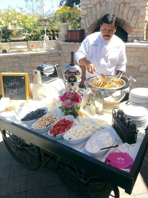 Waffle Station Wedding, Waffle Bar Wedding Receptions, Waffle Buffet Ideas, Waffle Making Station, Waffle Wedding Bar, Breakfast At Wedding Receptions, Waffle Station Ideas, Brunch Wedding Photos, Pancake Bar Wedding