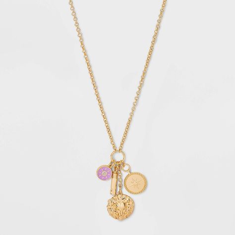 Lend eclectic flair to your accessories collection with the Rose Quartz Eclectic Whistle and Lion Medallion Necklace from Universal Thread™. This gold-tone necklace features a rose quartz whistle and lion charms for an attractive look. Designed with a lobster claw clasp closure and an extender chain, the necklace fits comfortably around your neck. Universal Thread™: Found exclusively at Target. Target Necklace, Wishlist Idea, Preppy Jewelry, Jewelry Accessories Ideas, Dope Jewelry, Medallion Necklace, Jewelry Lookbook, Gold Necklaces, Jewelry Photography