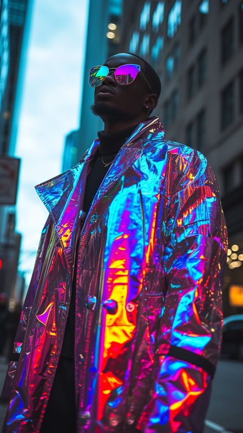 Futuristic Urban Style: A man exudes confidence wearing a #holographic jacket paired with cool #sunglasses on a #citystreet. #fashion #cityscape #neon #holographic #sunglasses #aiart #aiphoto #stockcake ⬇️ Download and 📝 Prompt 👉 https://stockcake.com/i/futuristic-urban-style_300206_545651 Mens Futuristic Fashion, Futuristic Fashion Male, Punk Outfits Men, Futuristic Party, Neon Jacket, Holographic Jacket, Mystery Parties, Summer Bash, Neon Fashion