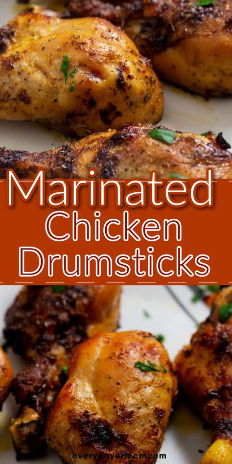 A Pinterest pin for marinated chicken drumsticks. Marinated Drumsticks, Drumstick Recipes Baked, Marinated Chicken Drumsticks, Chicken Leg Recipes Oven, Chicken Drumstick Recipes Oven, Easy Chicken Drumstick Recipes, Drumstick Recipes Oven, Easy Marinated Chicken, Oven Baked Chicken Legs