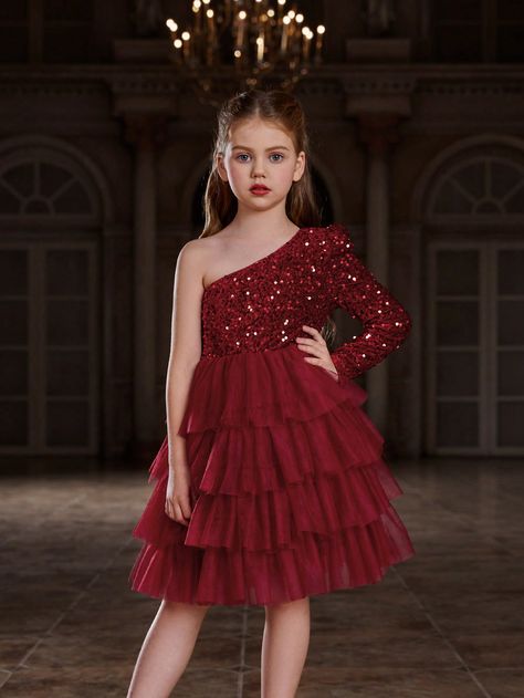 Red Party Collar Long Sleeve Sequins Plain A Line Embellished Slight Stretch  Tween Girls Clothing Gowns For Girls 10-12, Party Wear For Girls Kids, Birthday Dresses For Girls, Kids Party Wear Dresses, Diy Barbie Clothes, Long Sleeve Layer, Christmas Dresses, Dress Design Drawing, Soiree Dress