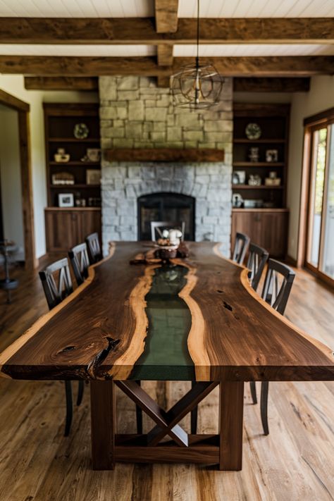 Check out this stunning rustic dining room featuring a live-edge table with a glass river! Perfect blend of nature and elegance. 
What do you think? Comment below!
#woodworking #wood #handmade #woodworker #woodwork #diy #design #interiordesign #woodart #art #homedecor #furniture #wooddesign Diy Live Edge Table, Glass And Wood Table, Woodwork Diy, Wood Table Design, Live Edge Dining Table, Rustic Dining Room, Table Top Design, Wood Table Top, Top Ideas