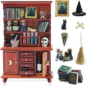 BEIREG Dollhouse Miniatures 1/12 Scale Accessories, Wooden Bookshelf Furniture Set - Magic Bottle&Potion, Witch Frame and Hat, Mini Bookcase, Haunted Dollhouse Halloween Decorations for Kids Gifts Bookshelf Furniture, Mini Bookcase, Potion Witch, Dollhouse Bookshelf, Dollhouse Halloween, Wooden Bookshelf, Halloween Decorations For Kids, Haunted Dollhouse, Magic Bottles