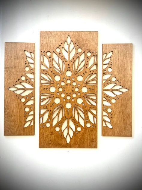 Boho Modern Leaf mandala wood wall art, set number 2, 3 panel in natural or 11 other finishes, decor wall art original | #art #wallart #paintings #wall #decor #homedecor #interiordesign #painting #design #artwork #home #nature #paint #interior #architecture Mandala Wood Art, Wall Decor Panels, Leaf Mandala, Laser Cut Wall Art, Wood Mandala, Mandala Wood, Laser Cut Designs, Laser Cut Wood Crafts, Laser Engraved Ideas