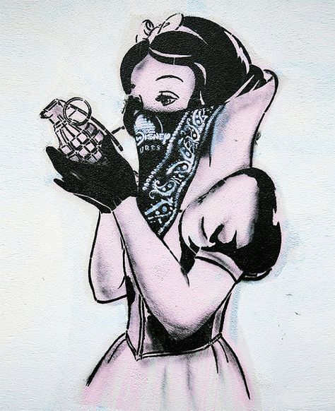 Banksy Canvas - snow white holding grenade (UV coating, Wooden Frames, Ready-to-hang) Anarchist Cookbook, Banksy Tattoo, Graffiti Stencil, Street Art Canvas, Banksy Artwork, Contemporary Pop Art, Piercing Inspiration, Red Rabbit, Graffiti Piece