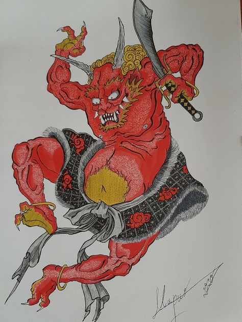 Oni Traditional Art, Traditional Japanese Demon Art, Oni Yokai Art, Japanese Oni Tattoo Sleeve, Traditional Japanese Yokai Art, Japanese Demon Tattoo Traditional, Creepy Japanese Tattoo, Japanese Tattoo Art Traditional Sleeve, Oni Japanese Tattoo