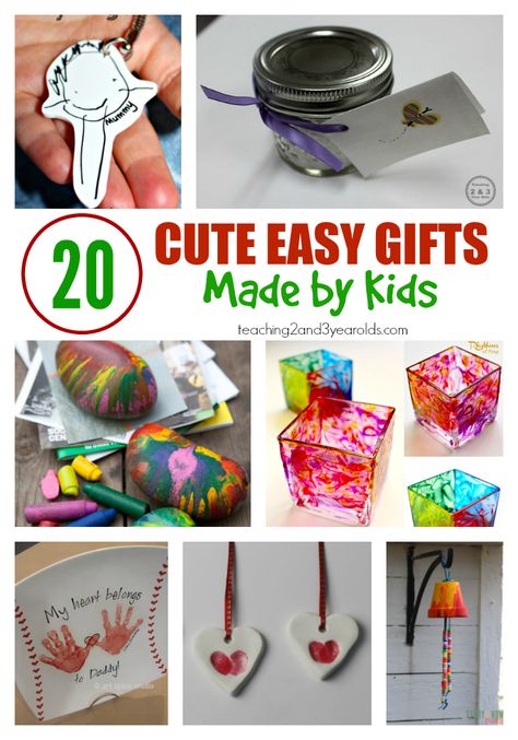 20 cute and easy gifts made by kids - some are so easy that even toddlers and preschoolers can make them! Perfect keepsakes for that someone special. From Teaching 2 and 3 Year Olds Gifts Made By Kids, Diy Christmas Gifts For Parents, Kid Made Christmas Gifts, Parents Christmas, Cadeau Parents, Christmas Gifts For Parents, Preschool Gifts, Easy Christmas Gifts, Diy Gifts For Kids