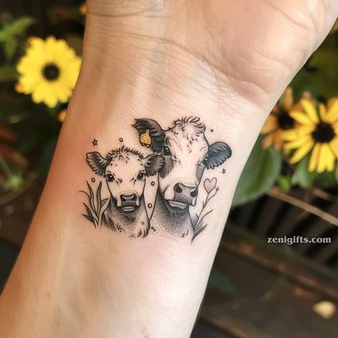 Cow Shoulder Tattoo, Farm Themed Tattoo, Heifer Tattoo, Mother Daughter Cow Tattoos, Baby Calf Tattoo, Farm Animal Tattoos For Women, Highland Cow Tattoos For Women, Cattle Tattoo Ideas, Leg Tattoos Women Thigh Upper Small