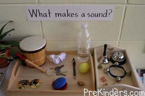 What Makes Sound?  ≈ ≈ For more inspiring pins: http://pinterest.com/kinderooacademy/auditory-play/ Teaching Sound, 5 Senses Activities, Sound Activities, Pre-k Science, Senses Preschool, Sound Science, Kindergarten Music, Senses Activities, Preschool Science Activities