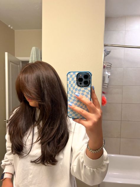 Curtain Bangs On Long Brown Hair, Dark Chocolate Brown Hair Curtain Bangs, Light Brown Red Tint Hair, Brunette With Red Tint, Chocolate Brown Hair With Layers And Curtain Bangs, Brown With Tint Of Red, Chocolate Brown Curtain Bangs, Red Brown Asian Hair, Chocolate Brown Hair Curtain Bangs