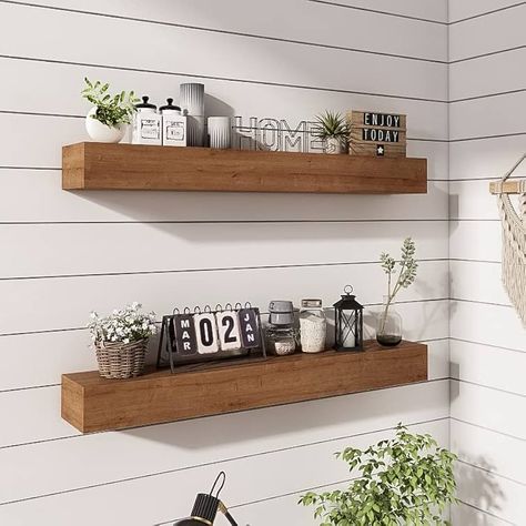 Amazon.com: ROOREVO Wall Floating Shelves, Rustic Wood Wall Shelf Handmade (Light Walnut, 24 Inch - 2 Pack) : Home & Kitchen Bar With Floating Shelves, Floating Shelves Rustic, Wall Floating Shelves, Rustic Wood Shelf, Bathroom Floating Shelves, Floating Kitchen Shelves, Shelf For Wall, Home Ikea, Shelf Arrangement