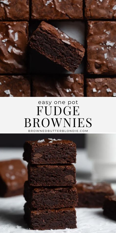 Easy One Pot Fudge Brownies | Browned Butter Blondie | Rich and fudgy, thick and chocolatey and perfectly gooey and chewy in all the right places – these easy brownies will earn you major brownie points in the kitchen! Get the recipe on the blog. Chewy Cake Brownies, Simple Fudge Brownie Recipe, Moist And Chewy Brownies, Worlds Best Brownies Recipe, Thick Brownie Recipes, Perfect Brownies Recipe, Specialty Brownie Recipes, Chewy Fudgy Brownies, Thick Fudge Brownies