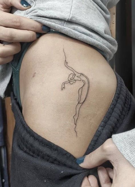 Line Work Dancer Tattoo, Free Woman Tattoo, Minimalist Dance Tattoo, Small Dance Tattoo, Dance Inspired Tattoos, Ballet Tattoo Ideas, Dancing Women Tattoo, Dance Tattoo Ideas Dancers, Dancer Tattoo Ideas