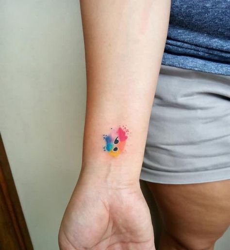 Watercolour Semicolon Tattoo, Colorful Semicolon Tattoo, Watercolor Semicolon Tattoo, Small Color Tattoo For Men, Semicolon Wrist Tattoo, Watercolor Wrist Tattoo, Bone Hand Tattoo, Writer Tattoo, Semicolon Tattoo Meaning