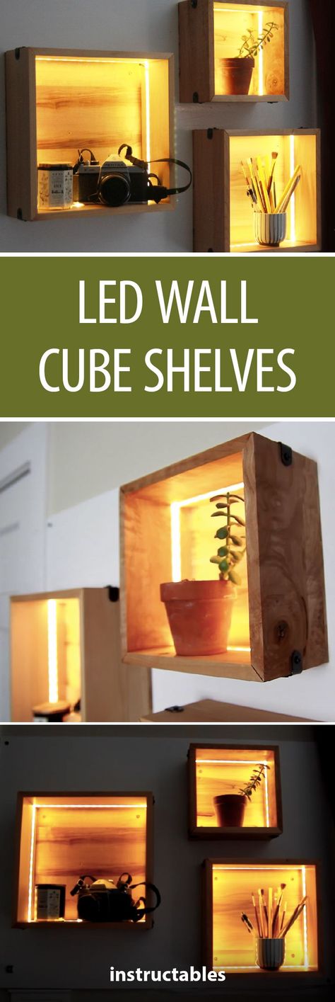 These LED wall cube shelves would be great to display any objects you might want to highlight, or as a simple lighting fixture. #LED #lighting #storage #organization Diy Led Furniture, Diy Backlit Wall Art, Wall Light Diy, Led Shelves, Led Shelf, Led Shelf Lighting, Diy Led Lighting Ideas, Wall Cubes, Led Lighting Diy