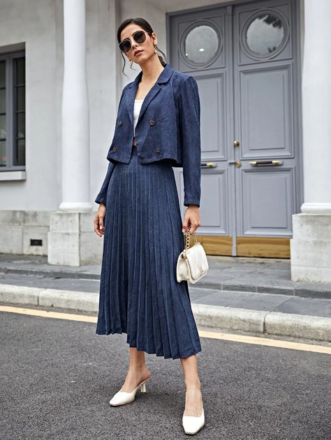 Corduroy Double Breasted Crop Blazer & Pleated Long Skirt | SHEIN USA Blazer With Dress Outfit, Blazer Over Dress, Long Blazer Outfit, Blazer And Skirt Outfits, Crop Blazer Outfit, Blazer Dress Outfits, Long Skirt Suits, Flare Maxi Skirt, Korea Dress