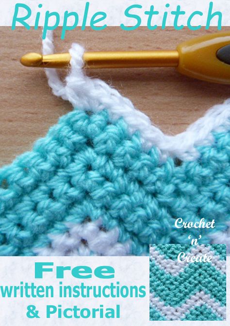 Single crochet ripple stitch pictorial also known as chevron, a free tutorial in pictures on how to crochet this lovely design. CLICK to learn this pattern. | #crochetncreate #crochetstitch #crochettutorial #crochetpictorial #crochet #crochetlearning #howto #crochetpattern #freecrochetpattern #easypattern #freepattern #forbeginners #diy #crafts How To Crochet Chevron Pattern, One Color Crochet Blanket Patterns Texture, Multicolor Yarn Crochet Patterns, Two Color Crochet Blanket Pattern Free, Free Baby Afghan Crochet Patterns, Crochet Afgans Patterns, Whip Stitch Crochet, Crochet Ripple Stitch, Ripple Stitch Crochet