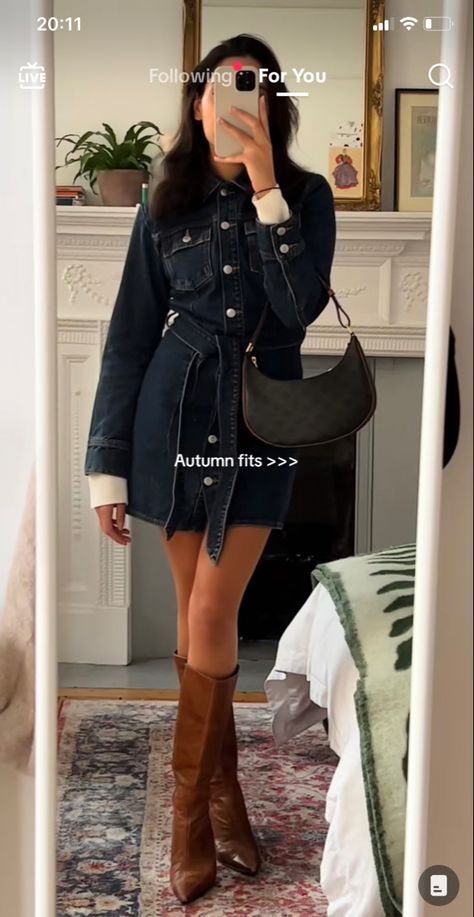 Dark Denim Dress Outfit, Blue Denim Dress Outfit, Denim Dress Outfit, Winter Ootd, Aesthetics Quote, Curated Closet, Boots Outfits, Blue Denim Dress, Dark Dress