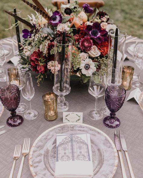 Enchanted forest secret garden wedding place setting moody magical fairytale flower arrangment Victorian Wedding Themes, Wedding Table Place Settings, Moody Purple, Wedding Business Ideas, Enchanted Garden Wedding, Fall Purple, Plum Wedding, Laid Back Wedding, Table Place Settings