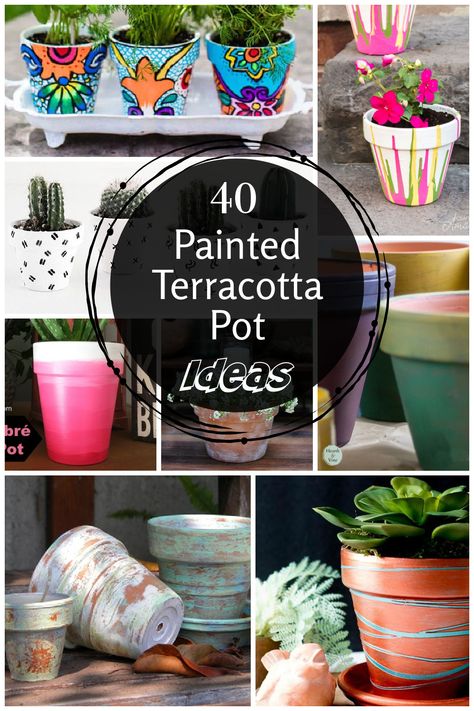 A collage of painted terra cotta pots from aged look to bright and colorful. Painted Terra Cotta Pots Ideas Design, Terracotta Pot Decorating Ideas, Diy Terra Cotta Pots Paint, Decorated Terra Cotta Pots, Decorate Terracotta Pots, Plant Pot Designs Paint, Terracotta Pots Painted Diy Ideas, Clay Flower Pots Ideas, Terra Cotta Pot Painting Ideas