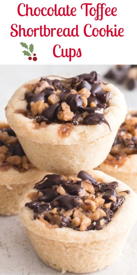 These bite size Cookie Cups are the perfect Holiday sweet treat. A melt in your mouth shortbread filled with mini chocolate chips and toffee bits. So good you can never stop a one! Chocolate Toffee Shortbread Cookies, Shortbread Cookie Cups, Mini Muffin Tin Cookie Recipes, Mini Cookie Cups Recipe, Oatmeal Cookie Cups, Christmas Shortbread Cookie Bites, Christmas Mini Desserts, Mini Cookie Cups, Mini Christmas Desserts