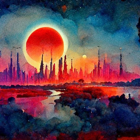 Sci Fi Watercolor, Scifi Watercolor, Scifi Ideas, Surreal Landscape, Diy Watercolor, Freelance Illustrator, Sci Fi Art, Scarlet, Watercolor Painting