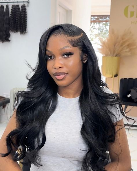 RG Wigs | Client cam 😍 Pre made frontal wig install , lightly layered 💖 Glue: @grippedglue | Instagram New Wig Styles, Layered Frontal Wig Side Part, Styles To Do With Wigs, Layered Wig Install, Layered Side Part Wig With Curls, Styled Frontal Wig, Prom Frontal Hairstyles, Frontals Hair Styles, Wigs For Prom