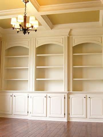 Built ins - arched molding Built In Bookcases, Built In Wall Units, Built In Bookshelves, Built In Bookcase, Built In Cabinets, Built In Shelves, The Ceiling, Home Library, Book Shelf