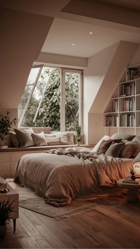 Cozy bedroom with a large window, built-in bookshelf, and a comfortable bed facing a leafy outdoor view. Calm Cozy Bedroom Aesthetic, Cozy Big Bedroom, Cozy Light Bedroom, Big Cozy Bedroom, Warm Cozy Bedroom, Cozy Minimalist Bedroom, Modern Cozy Bedroom, Cozy Bedroom Aesthetic, Cozy Bedroom Decor Ideas